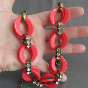 J Crew Lucite chain rhinestone necklace red pink